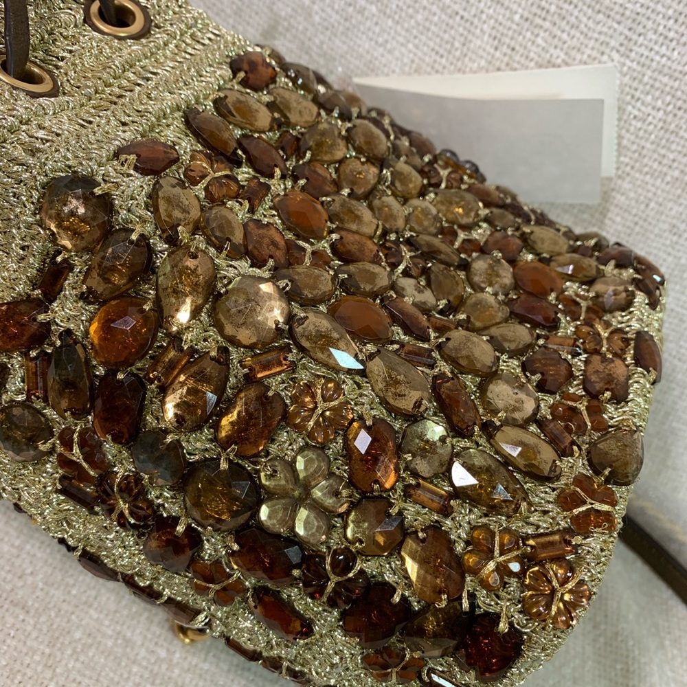 NEW Tory Burch Soft Fleming Gold Crochet Jewel Mini Bucket Tote/Crossbody Bag - Picture 12 of 16